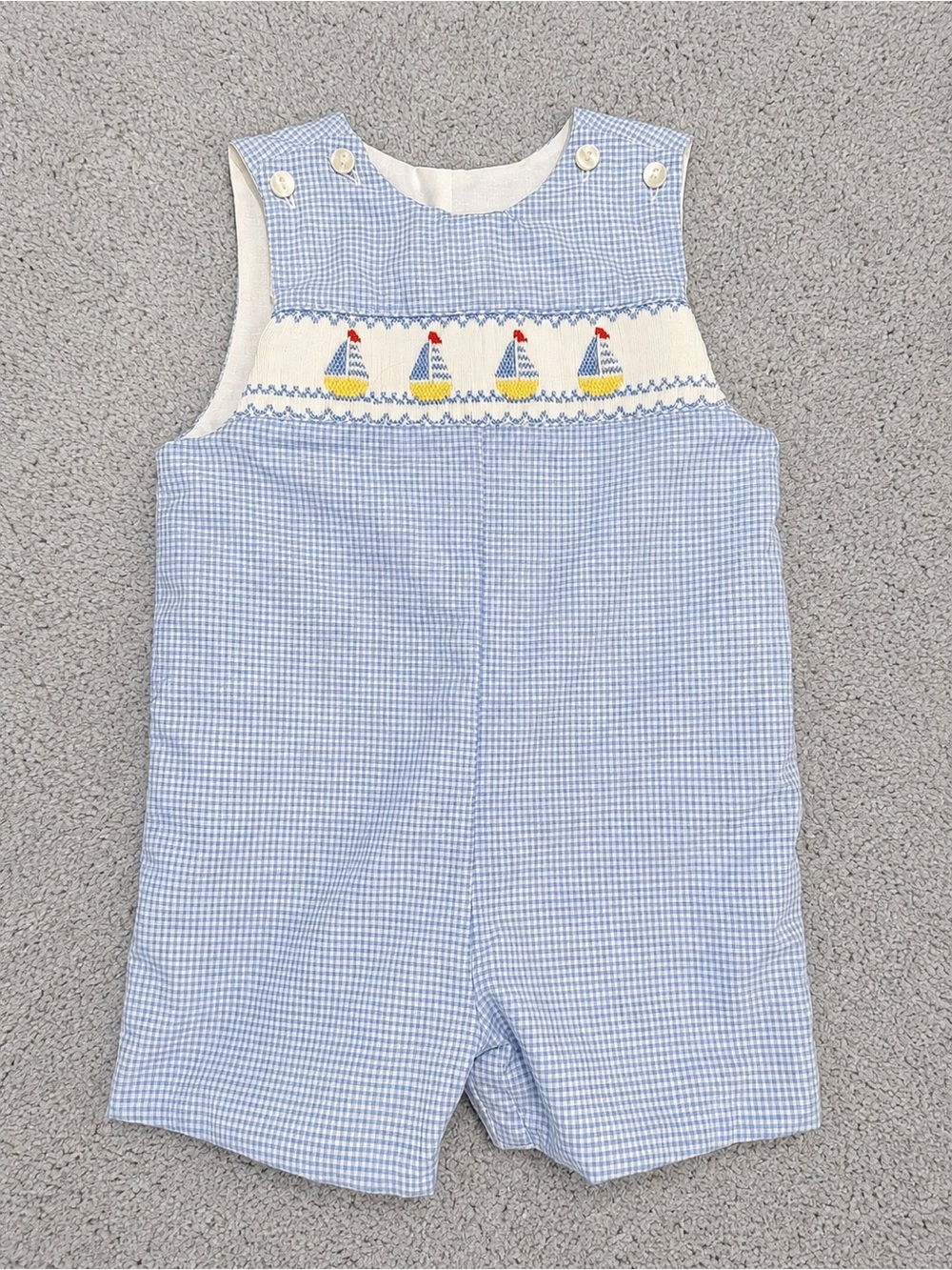 Edgehill Collection Light Blue and White Boys Sailboat Smocked One-Piece